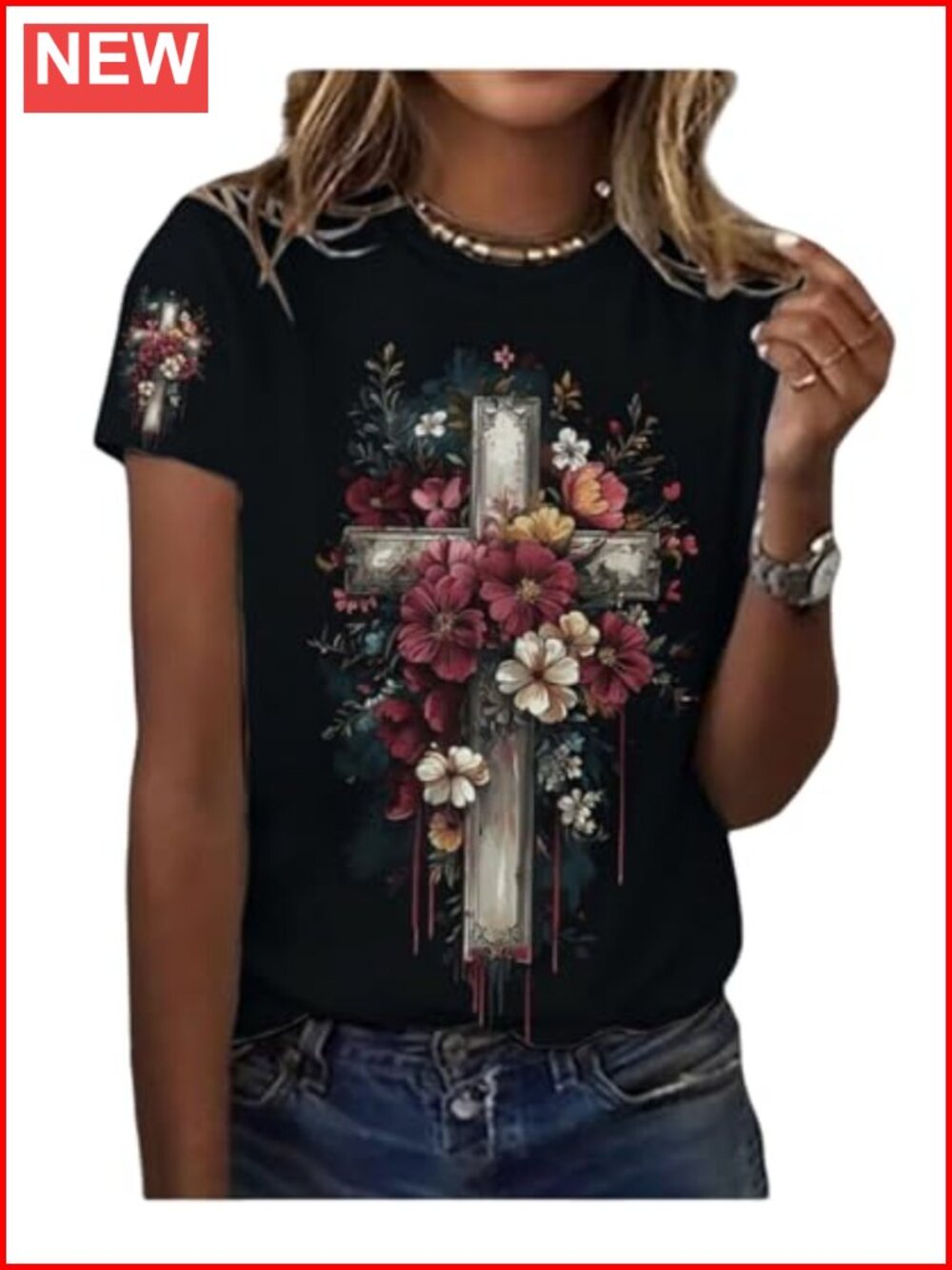 Faith Cross Flowers Graphic T-Shirt Short Sleeve Christian Inspirational Tee